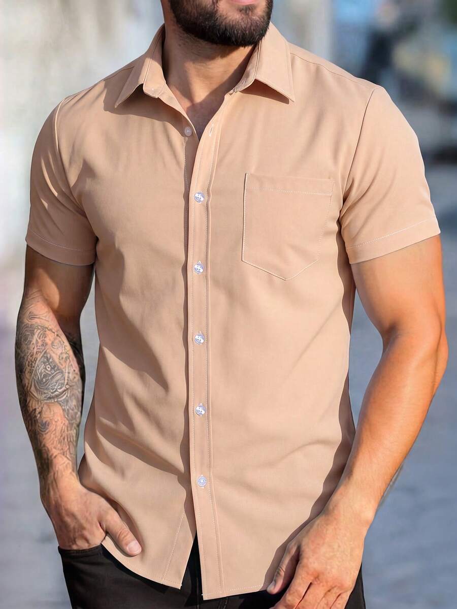 Manfinity Homme Camisa de manga corta de unicolor con un solo botón para hombre, casual/oficina, formal - Amarillo claro - Ver 1