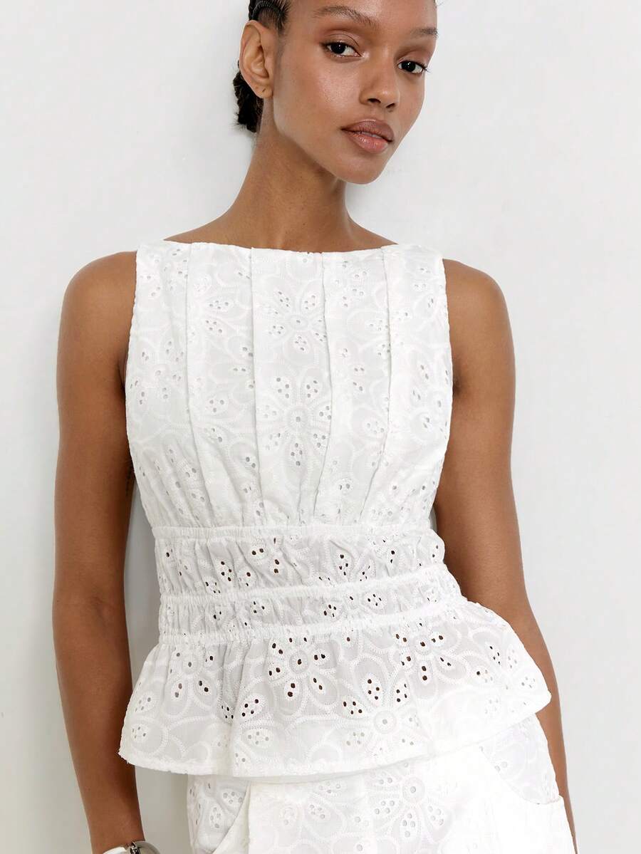 Maija Áo tank top nữ cổ thuyền khoét rỗng thêu họa tiết, viền bèo nhún, kiểu dáng thường ngày. - trắng - Xem 1