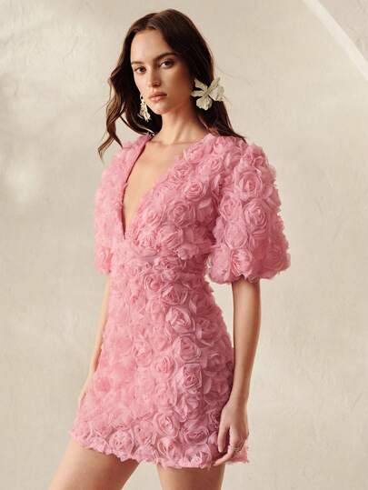 Aveloria Rosie Spring/Summer Pink French Romantic Elegant Petal Sleeve Deep V-Neck Waist Fitted 3D Rose Embroidered Fabric Mini Dress, Exquisite Elegant Party Evening Date Vintage Resort Versatile