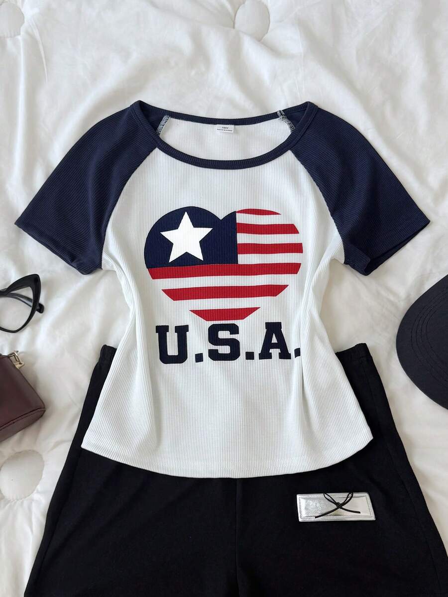 Tween Girl Casual Daily Fashion American Flag Print Raglan Set Independence Day - Blue and White - View 1