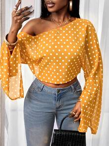 BamGleam Women's Polka Dot Asymmetrical Shoulder Casual Versatile Daily Wear Blouse - Orange - View 4