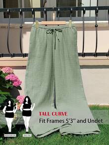 SHEIN PETITE CURVE Quần ống rộng màu trơn dành cho nữ cỡ lớn, có dây rút ở eo, kiểu dáng thường ngày, đa năng. - màu xanh lá - Xem 3