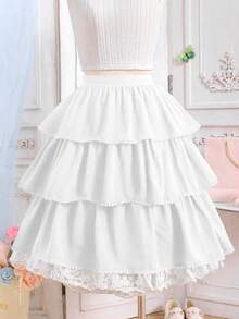 SHEIN Pitira 少女夏季百搭荷叶边松紧腰优雅蛋糕裙，白色 - 白色 - 查看 3