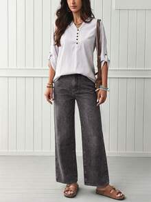 SHEIN LUNE Women's High Waist Pockets Straight Loose Casual Versatile Denim Jeans Travel Grey Summer - Grey - View 7