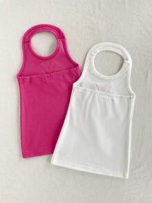 SHEIN Playful Pals 2件套女婴休闲运动街头时尚简约字母印花无袖连衣裙，适合春夏外出穿着 - 彩色 - 查看 2