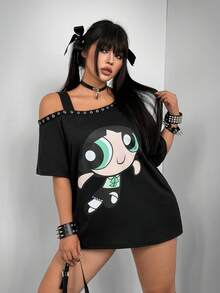Whyspr THE POWERPUFF GIRLS X SHEIN 大码女式宽松休闲不对称吊带上衣，饰有军官印花和浪漫花卉印花，适合休闲、度假和浪漫约会。 - 黑色 - 查看 8