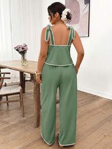 Lounesse Plus Size Women Shoulder Tie Design Camisole And Pants Set, Fashionable Commuter Outfit - Green - View 2