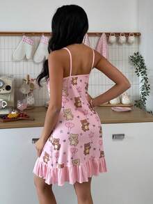 SweetSlumber Cute Cartoon Bear Balloon Ruffle Trim Slip Dress For Women - Pink - View 2