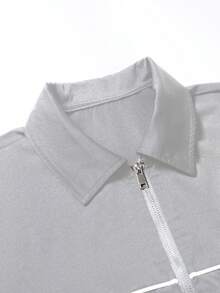 Manfinity Hypemode Camisa de manga corta con cremallera y estampado de letras, y pantalones cortos, conjunto casual diario para hombres - Gris Claro - Ver 7
