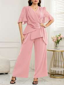 SHEIN Clasi Bộ đồ 2 món dành cho nữ cỡ lớn: Áo sơ mi ngắn tay xếp ly màu trơn và quần ống rộng. - Hồng - Xem 4