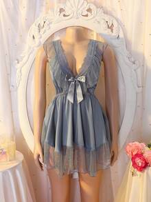 Mist Blue Satin Mesh Lace Patchwork Ruffle Hem Bow Asymmetrical Hem Sweet Cute Elegant Graceful Sexy Ladies Nightgown - Blue - View 6