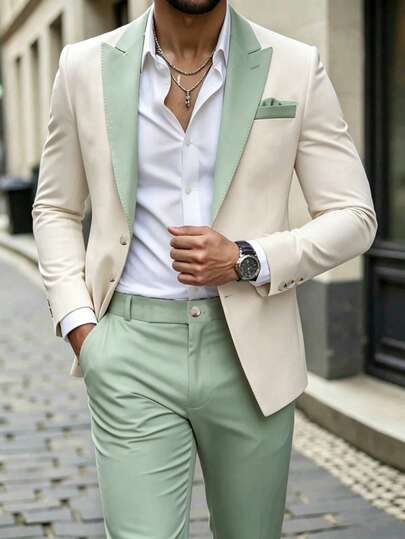 Manfinity Bizformal Men's Green & White Spring/Summer Wedding Suit Set