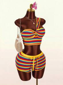 Amplova Conjunto de 2 piezas de top sin mangas con nudo retorcido a rayas y shorts, para vacaciones - Multicolor - Ver 10