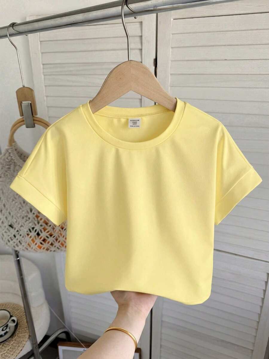 SHEIN Áo thun tay ngắn raglan cổ tròn, tay dài, màu trơn, dáng rộng, thoải mái cho bé gái tuổi teen. - Màu vàng - Xem 1