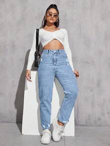 Jeanoix Plus Size Women Casual Vacation Street Ripped Loose Fit Light Grey Denim Jeans - Light Wash - View 3