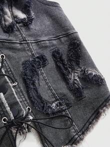 ROMWE Grunge Punk 街头风标语刺绣撞色做旧牛仔露背上衣 - 淺灰色 - 查看 4