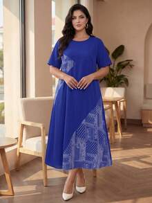 SHEIN Lady CURVE Plus Size Short Sleeve Dress, Fashionable For Summer,Sundress,Summer Dresses For Women - Royal Blue - View 3