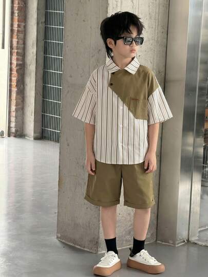 SHEIN 2pcs Kids/Tween Boys' Casual Korean Style Solid Color Polo Collar Applique Loose Short Sleeve Shirt And Woven Shorts Set, Black And White, Suitable For Commuting, School, Daily Casual, Travel, Sports, Spring/Summer/Autumn/Winter Outfits Y2k Vacation Tendencias Ss26 Streetwear  Burgundy Holiday Vintage Boho Festival Gras Party Cute Birthday Boys Modest Casual Cozy
