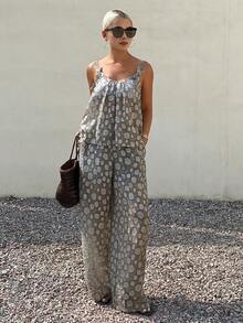 Livesso Spring Summer Floral Print Large Flower Bohemian Style Fashion Yellow Camisole Tank Top Straight Leg Casual Pants Long Pants Set Loose Casual Vacation Beach Beach Elegant Commute Women 2-Piece Set - Grey - View 2