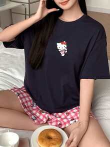 HELLO KITTY | DAZY 女士夏季猫咪印花宽松T恤和格子印花短裤睡衣套装 - 藏蓝色 - 查看 5