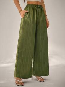SHEIN PETITE Women's Casual Solid Color Drawstring Waist Slant Pocket Long Pants ,Petite Women - Army Green - View 6