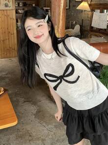 DAZY 女士圆领蝴蝶结装饰撞色针织上衣 - 白色 - 查看 10
