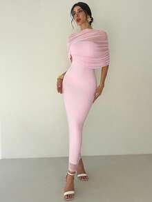 YkhahaFirerie Vestido ajustado con cuello de volantes, cintura plisada y asimétrico en color amarillo sólido elegante y romántico, atuendo para la playa, aeropuerto, vacaciones, maestros, otoño para mujeresYkhaha - Rosa Pálido - Ver 3