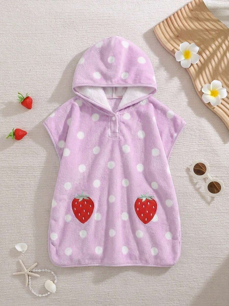 Cozy Pixies Traje de baño de manga corta con capucha, estampado de lunares y fresas para niña bebé - Morado - Ver 1