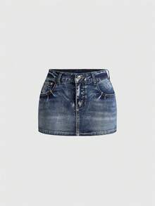 ROMWE Sexy Street Wear Y2k Low-Waist Butterfly Embroidered Rhinestone Decor Blue Denim Mini Skirt Night Out Summer - Blue - View 2