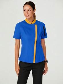 TaskEZ Uniforme de chef con cremallera de manga corta y color contrastante, uniformes - Azul - Ver 5