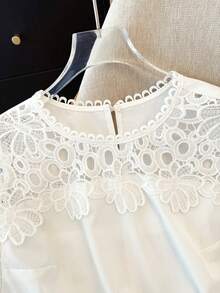 GlowEve CURVE Plus Size Women's Elegant White Summer Party Hollow Lace Patchwork Short Sleeve Blouse,Classy Solid Color Shirts For Casual And Commuting - Beige - View 7
