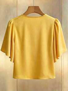 Franclia Elegant High-End Pearl Decor Round Neck Floral Ruffle Short Sleeve Apricot Blouse For Women - Yellow - View 2