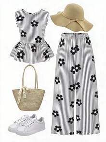 Conjunto de 2 peças para meninas pré-adolescentes: roupa elegante para férias, composta por blusa regata de gola redonda com laço nas costas e calça pantalona folgada. - Multicolorido - Ver 2