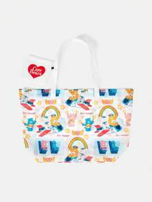 SHEIN X Care Bears 1件時尚輕便可折疊印花圖案托特包，購物袋，便攜式單肩包，卡片收納袋，適用旅行與購物等 - 多色-白 - 查看 2