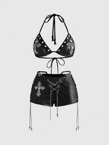 ROMWE Avant Women's Retro Gyaru Biker Bra With Leather & PU Motorcycle Decor, Ultra Low-Rise Cross Embellished Mini Skinny Shorts - Black - View 1