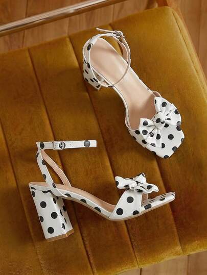 Eladyva 2026 New Polka Dot Bow Tie High Heel Sandals For Women, Thick Heel Strappy Open Toe Dress Shoes, Fashionable & Versatile For Skirts
