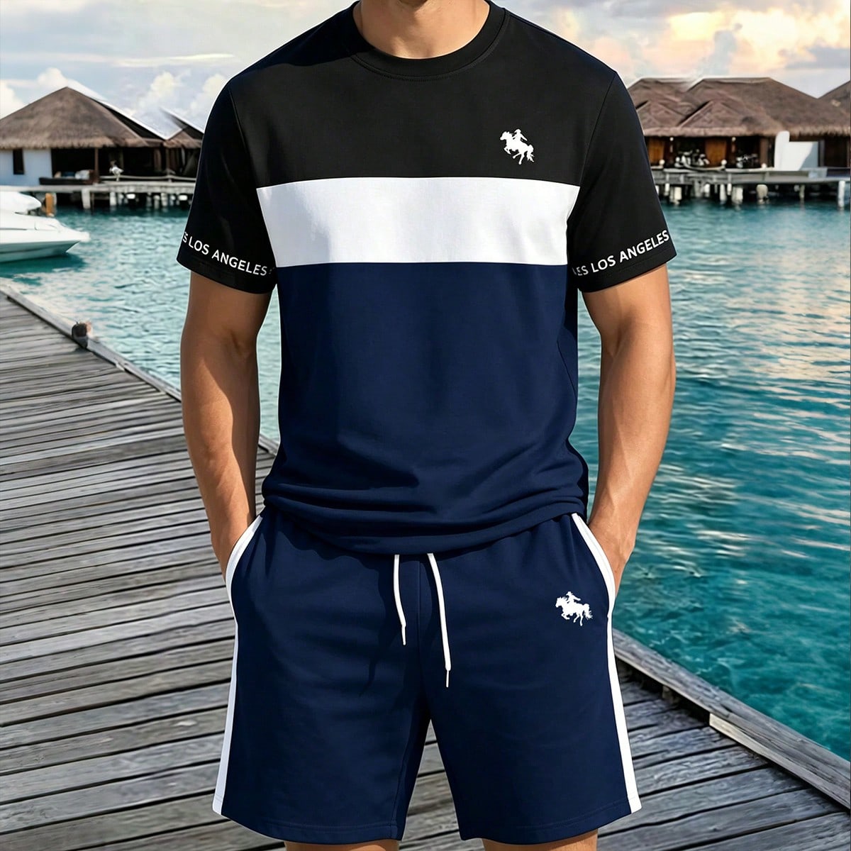 Conjunto de camiseta de manga corta con estampado gráfico clásico de Los Ángeles y pantalones cortos para hombre, casual y de moda, adecuado para e