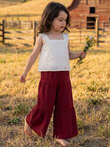 Emery Rose Kids Emery Rose Kids 2件套少女纯色梭织方领荷叶边休闲吊带背心和长裤套装 - 紅色 - 查看 4
