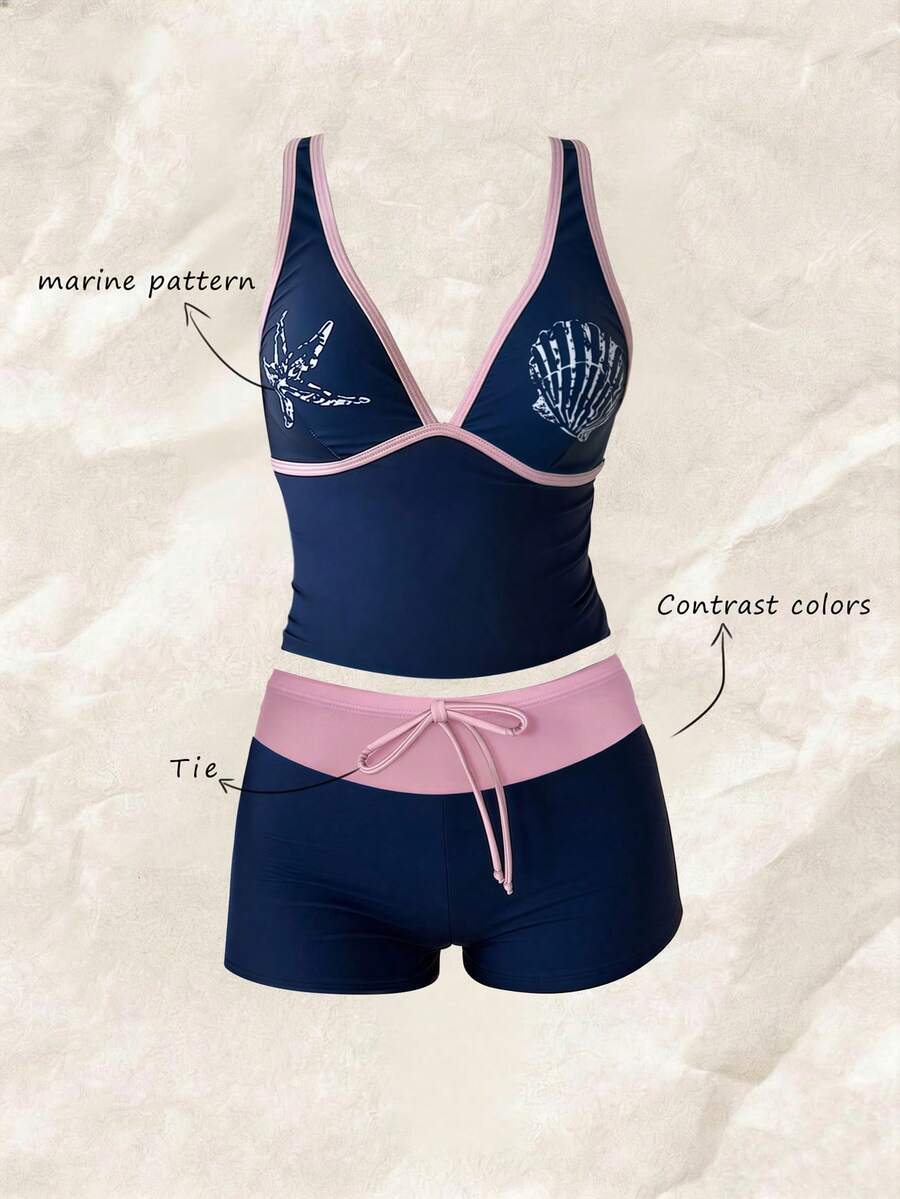 Elavelle Bộ đồ bơi Tankini in hình sao biển và vỏ sò dành cho nữ, quần cạp cao giúp thon gọn vóc dáng, thích hợp cho kỳ nghỉ biển và spa, màu xanh navy. - Nhiều màu - Xem 1