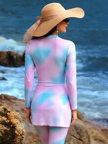 Swim Shayni Women's Random Tie-Dye Print Long Sleeve Zipper Design 3-Piece Burkini Set For Beach Vacation - Multicolor - View 5