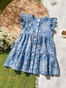 SHEIN Vintaside Kids 女婴夏季无袖时尚休闲优雅衬衫裙，适合外出、旅行、海滩玩耍或日常休闲聚会和散步。 - 藍色 - 查看 6