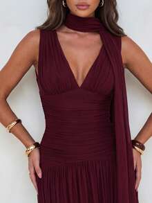 Aloruh Elegante falda acampanada de línea A con cuello en V de malla brillante burdeos fruncida (volante de gasa desmontable), adecuada para citas, fiestas de solteros, bodas, eventos formales, vestido de dama de honor - Burdeos - Ver 4