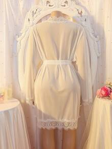 DelicateAllure Sexy Lace Contrast Mesh Solid Color Plus Size Women Robe - White - View 8