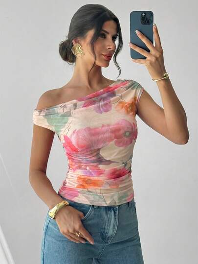 Firerie Top ajustado con estampado floral y hombro asimétrico para mujer