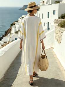 SHEIN Holidaya Women's White And Yellow V-Neck Printed Loose Three-Quarter Sleeve Bohemian Dress,Summer Boho Holiday Vacation Holiday Resort Kaftan Beach Cover-Up - Multicolor - View 2