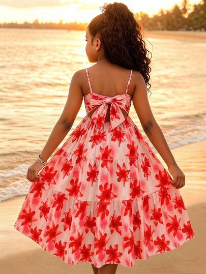 Tween Girls Elegant Floral Print Spaghetti Strap Hollow Back Butterfly & Lotus Leaf Patchwork Layered Casual Dress, Suitable For Vacation, Travel, Daily Wear, Summer