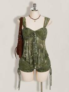 SHEIN ICON 2件套夏季女士外出波西米亚风印花褶皱系带吊带背心和抽绳系腰短裤 - 綠色 - 查看 3