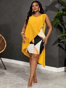 SHEIN CURVE+ Plus Size Women's Geometric Color Block Print Asymmetrical Layered Dress Brown Summer Elegant Rave Loose Sleeveless Fitted Bodycon Beach Gym Vacation - Yellow - View 5