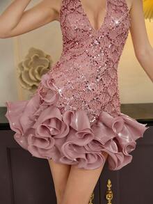 Poshira Women Summer Sequined Deep V-Neck Halter Neck Pearl Design Party Dress,Simple Ruffled Hem,Perfect  Birthday,Prom,Music Festival & Special Occasions - Pink - View 5
