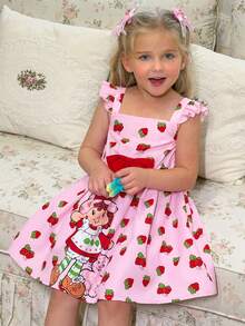 Strawberry Shortcake X SHEIN Young Girl Strawberry Print Dress With Bow Decor And Flutter Sleeves - Pink - View 8